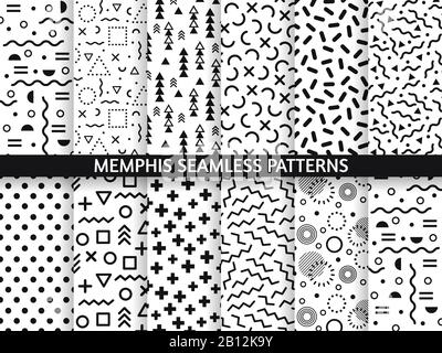 Nahtlose Memphis-Muster. Funky Muster, Retro-Mode in den 80er und 90er Jahren Muster Textur. Vektorsatz für Texturen mit geometrischem Grafikstil Stock Vektor