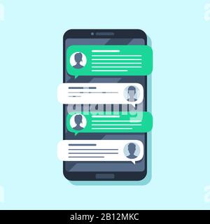 Mobile sms-Benachrichtigungen. Senden Sie SMS auf dem Smartphone, und unterhalten Sie sich. Abbildung des flachen Vektorgrafiks Stock Vektor