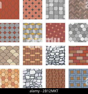 Muster aus Pflastersteinen. Ziegelsteinpflastergang, Steinplatten und Straßenpflasterboden blockieren nahtlose Vektormuster Stock Vektor