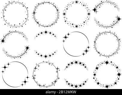 Stardust Rahmen. Glänzender Sternenkreisrahmen, Sternenglitzerstempel und runde magische funkelnde Sterne verfolgen isolierten Vektorsatz Stock Vektor