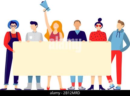 Protestiert gegen die Personengruppe. Aktivisten halten Schildertafel oder Plakat, Teamholding verkünden Plakat und aktive Protestvektorillustration Stock Vektor