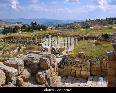 Blick über die antike Stadt Gerasa oder Gerash, Jordanien, Westasien <Blick auf die antike Stadt Jerash, Jordanien, Naher Osten Stockfoto