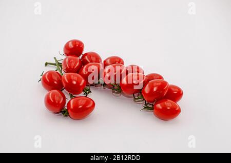 Frische Kirschtomaten auf einem Ast isoliert auf weißem Hintergrund Stockfoto