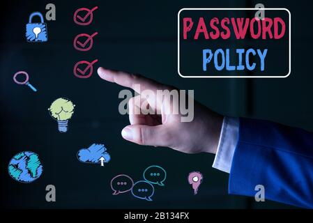 Konzeptionelles Schreiben mit Passwortrichtlinien. Konzept bedeutet den ersten Schutz vor unbefugtem Zugriff Stockfoto