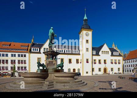 Obermarkt mit Rathaus und Brunnenanalage mit Otto dem reichen in Freiberg, Landkreis Mittelsachsen, Sachsen, Deutschland Stockfoto