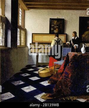 Lady at the Virginals with a Gentleman (The Music Lesson) (ca. 1664) von Johannes Vermeer - Malerei der Holländischen Zeit des Barock aus dem 17. Jahrhundert Stockfoto