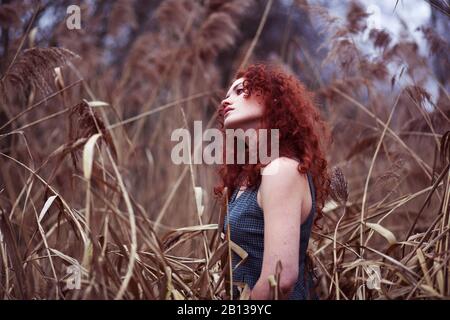 Frau mit langen roten Haaren im Schilf, Porträt Stockfoto