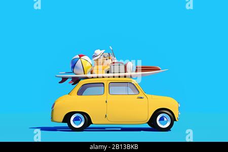 Kleiner Retro-Wagen mit Gepäck, Gepäck und Strandausrüstung auf dem Dach, voll verpackt, bereit für Sommerferien, Cartoon-Konzept einer Straßenfahrt, blau B. Stockfoto