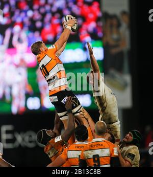 Februar 2020; Kingspan Stadium, Belfast, Antrim County, Nordirland; Guinness Pro 14 Rugby, Ulster versus Cheetahs; Aidon Davis von Cheetahs gewinnt den Line Out Ball Stockfoto