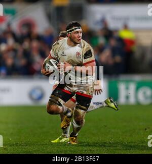 Februar 2020; Kingspan Stadium, Belfast, Antrim County, Nordirland; Guinness Pro 14 Rugby, Ulster versus Cheetahs; Marcell Coetzee of Ulster macht einen Aufbruch auf dem Spielfeld Stockfoto