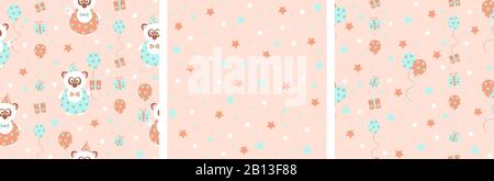 Set aus 3 nahtlosen Vektormustern mit süßen Party-Panda-Bären mit Geschenken und Ballons, in weichen Pastellfarben, Orange und Blau Stock Vektor