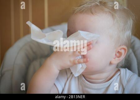 Das Kind wischt seine Nase mit einem weißen Taschentuch. Ein krankes Kind isst auf dem Fütterstuhl sitzend. Kind mit kalter Rhinitis, Virus und Infektion. Coronavir Stockfoto