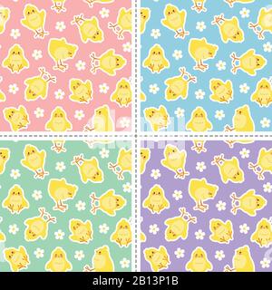 Set aus vier Oster Seamless Pattern mit niedlichen Küken Aufklebern. Gut zum Umwickeln. Einfache Bearbeitung der Hintergrundfarbe. Stock Vektor