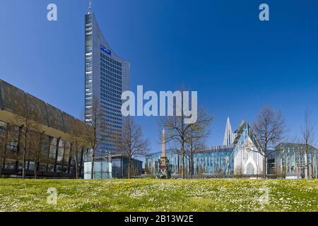 Augustusplatz mit City Skyscraper, New Augusteum, Mende Fountain, Leipzig, Sachsen, Deutschland Stockfoto