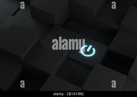 Schalter und Würfel mit dunklem Hintergrund, abstraktes Konzept, 3D-Rendering. Digitale Zeichnung des Computers. Stockfoto