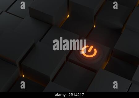 Schalter und Würfel mit dunklem Hintergrund, abstraktes Konzept, 3D-Rendering. Digitale Zeichnung des Computers. Stockfoto