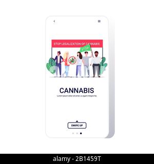 Mix Race Menschen mit Verbot Drogenzeichen Marihuana Verbot aufhören Legalisierung von Cannabis Protest Plakat Smartphone-Bildschirm mobile App komplette Länge Kopie Raum Vektor Illustration Stock Vektor