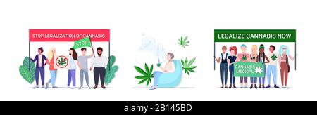 Set Mix Race Leute, die Protestplakate halten Mann rauchend Bong medizinisches Marihuana Cannabis Legalisierung Drogen Konsum Konzept horizontal volle Länge Vektor Illustration Stock Vektor