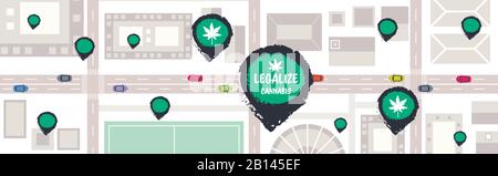 Medizinische Cannabis- oder Marihuanageschäfte Standort Geo-Tags auf Stadtkarte Hanf legalisieren Drogenkonsumkonzept horizontal Draufsicht Vektor-Illustration Stock Vektor