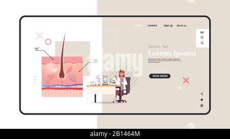 Forscherin mit Mikroskop Untersuchung von Haarfollikel medizinische Beratung interne Organuntersuchung Behandlungskonzept horizontale Kopie Raum volle Länge Vektor Illustration Stock Vektor
