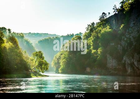 Die Donau-Schlucht Weltenburger enge bei Kloster Weltenburg kurz nach Sonnenaufgang, Landkreis Kelheim, Bayern, Deutschland Stockfoto