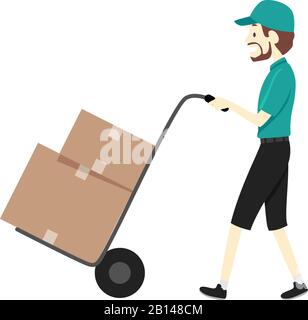 Abbildung: Ein Mann, Der Uniform trägt und Den Wagen mit Zwei Kisten für die Lieferung oder Den Transport Von Häusern Drückt Stockfoto