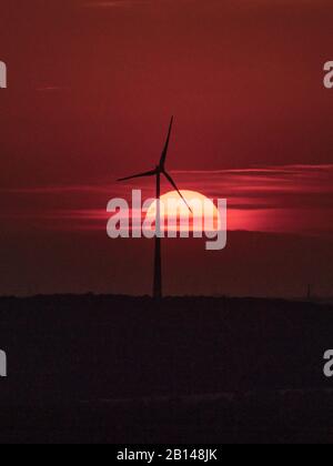 Die untergehende Sonne und einige Windkraftanlagen im Ruhrgebiet, von der Halde Haniel, Bottrop, Nordrhein-Westfalen, Deutschland, aus gesehen Stockfoto