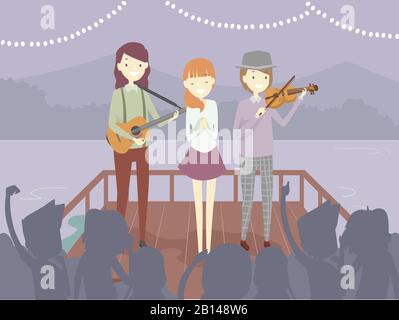 Illustration von Frauengesang und Mann, Der Gitarre und Violine Spielt, Die auf der Lakeside Vor Einem Publikum Auftreten Stockfoto