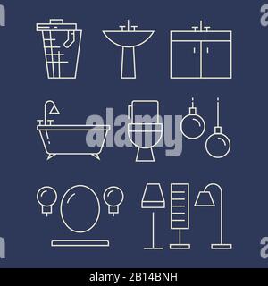 Badezimmermöbel und Accessoires Line Icons Set. Lineares Bad, Vektorgrafiken Stock Vektor