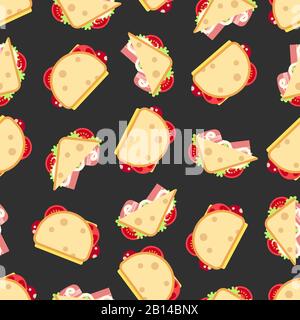 Sandwiches nahtloses Muster - fast Food nahtlose Textur. Hintergrund mit Hamburger, Vektorgrafiken Stock Vektor