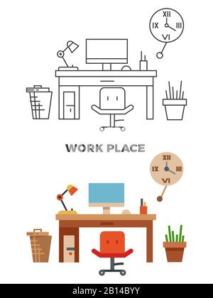 Arbeitsplatzkonzept - flacher Stil und flacher Stil Arbeitsplatz innen modern, Vektorgrafiken Stock Vektor
