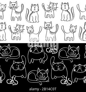 Schwarz-weiße Doodle Katzen nahtlose Ränder. Hintergrund bei Katzen. Vektorgrafiken Stock Vektor