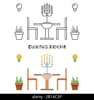 Restaurantkonzept - flacher Stil und Speisesaal im Linien-Stil. Vektorgrafiken Stock Vektor
