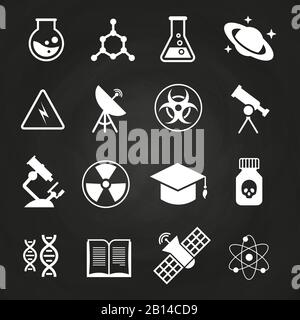 Weiße wissenschaftliche Vektorsymbole auf dem Schwarzen Brett. Abbildung der Symbole in der Bildungsschule Stock Vektor