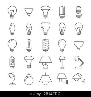 Kollektion mit Liniensymbolen für Lampen und Glühbirnen. Lichtlampenvariation, Tisch- und Wandbildvektor Stock Vektor