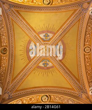 TURIN, Italien - 15. März 2017: Das Detail Fresko an der Decke in der Kirche Basilika Maria Ausiliatrice von unbekannten Künstler des 19. Cent... Stockfoto