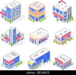 Mall Store isometrische Gebäude. Außenansicht, Super-Market-Gebäude und moderne Stadtgeschäfte Architektur isoliert 3d Vector Set Stock Vektor