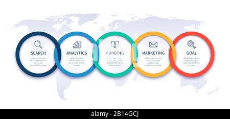 Diagramm der globalen Geschäftsschritte. Infografiken der Strategie, weltweiter Startplan und Infografik zu Schrittkettenvektoren Stock Vektor
