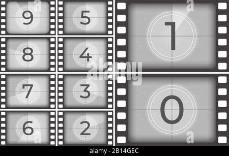 Film-Countdown. Alte Filmfilme Streifen Rahmen, Vintage Intro Bildschirm Zählzahlen oder Retro Timer Rahmen Vektor-Illustration Stock Vektor