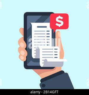 Smartphone-Empfangsrechnung. Rechnungsprüfung online, Rechnungskontrolle und Gehaltsscheckbelege mobile Benachrichtigung Flat-Vektor-Illustration Stock Vektor