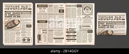 Vintage Zeitung Mockup. Retro Zeitungsdruckseiten, Tabloid-Magazin und alte Nachrichten isolierte 3D-Vektorvorlage Stock Vektor