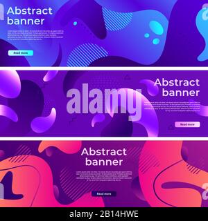 Banner für abstrakte Flüssigkeitsformen. Weich flüssiger Formfluss, Farbspritzgradient und bunte horizontale Banner Vektor-Hintergrund-Set Stock Vektor