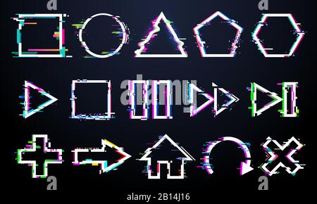 Glitch-Tasten. Minimale Glitched Frames, Symbole zur Musiksteuerung mit digitalem Rauschen. Vektor-Satz für strukturierte Tasten wiedergeben, anhalten und zurückspulen Stock Vektor