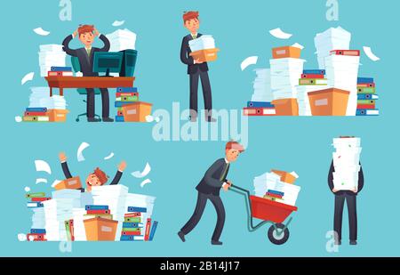 Unorganisierte Bürodokumente. Geschäftsmann überwältigte Arbeit, unordentliche Papierdokumente Stapel und Dateien stapeln Cartoon-Vektor-Illustration Stock Vektor