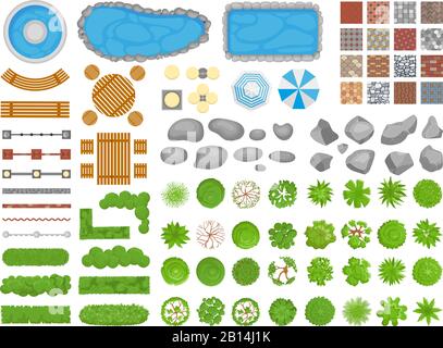 Parkelemente in der Draufsicht. Gartensteg, entspannende Parkanlagen im Freien Möbel und Gärten Bäume in der Luft isolierte Vektorgrafiken Stock Vektor