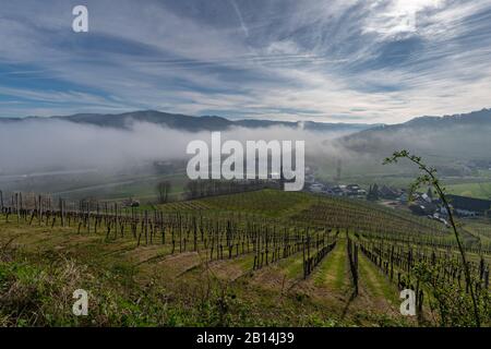 Landschaft des Renchtals bei Oberirch, einem Dorf im Schwarzwald mit Nebel auf niedrigem Niveau, Baden-Württemberg, Deutschland Stockfoto