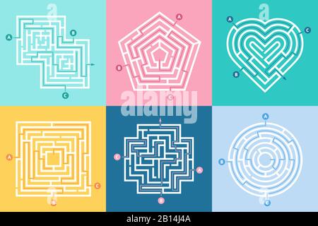 Labyrintheingang. Finden Sie den richtigen Weg, Kinder Labyrinthspiel und Auswahllabyrinth Eingänge Buchstaben Vektor Illustration Set Stock Vektor