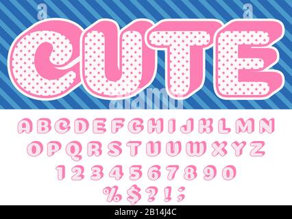 Mädchen Puppenschrift. Rosa Prinzessin Überraschung, lol lustige Kinderbuchstaben und retro punktierte Textur Alphabet Baby Mädchen Puppen isoliert Vektor Set Stock Vektor