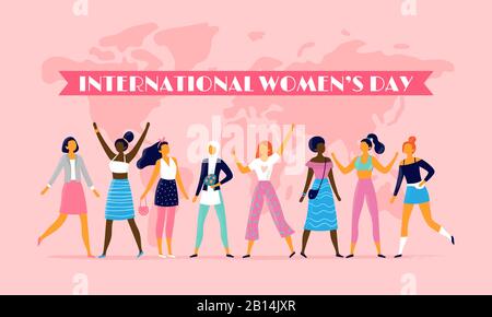 Internationaler Tag der Frauen. Anlässlich des 8. märz werden Sisterhood Community und multinationale weibliche Menschen als flache Illustration dargestellt Stock Vektor