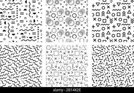 Nahtlose Memphis-Muster. Trendige Hintergrundtextur der 90er Jahre, modische Vorlage der 80er Jahre und abstrakter Vektorsatz mit Hüftmuster Stock Vektor